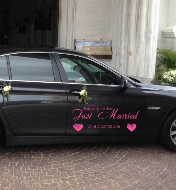 Auto Sticker Just Married Hartjes met Namen